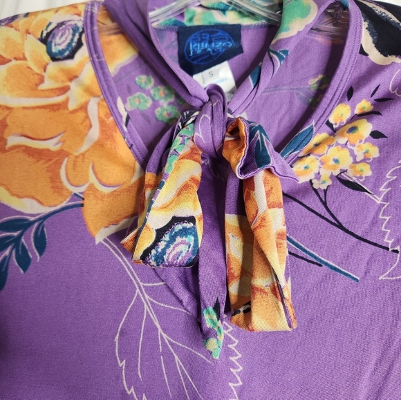KENZO Jeans Vintage Y2K Tie Neck Silk Floral Purple Blouse Top Sz Small - Picture 4 of 4
